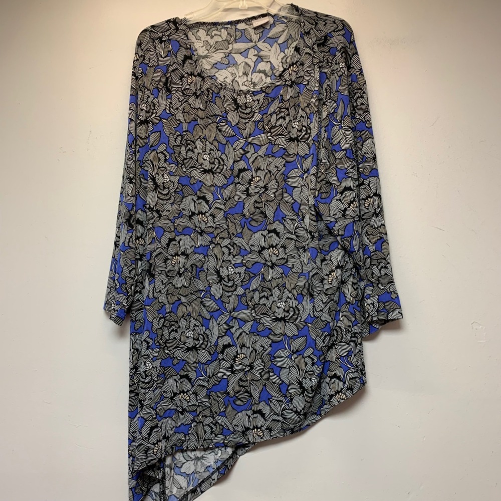 Chico's Travelers Tunic Women Size 4 20/22 Blue Floral Asymmetrical Excellent